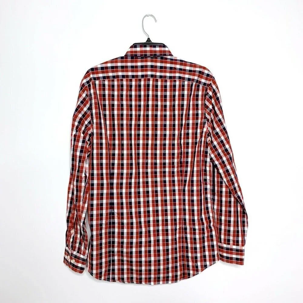 Banana Republic Mens Button Front Shirt Red Blue‎ White Plaid Non Iron Tailored